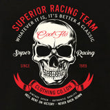 Close-up of Cool Flo 'Super Racing' skull design t-shirt with red and white print.