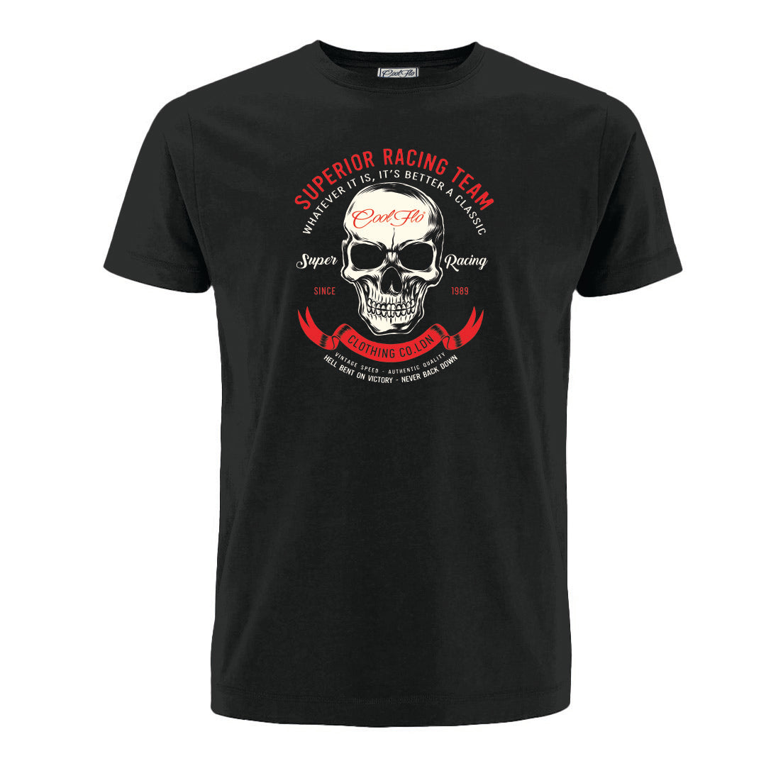 Cool Flo 'Super Racing' skull design t-shirt with red and white print.