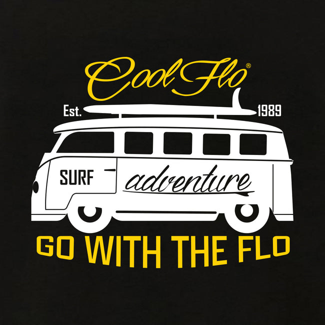 Close-up of Cool Flo Surf Adventure Black T-shirt with a white VW campervan design.