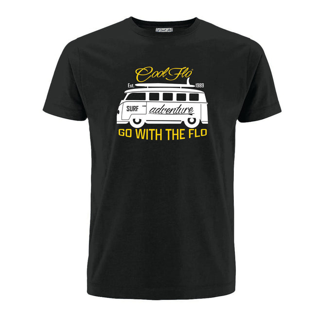 Cool Flo Surf Adventure Black T-shirt with a white VW campervan design.