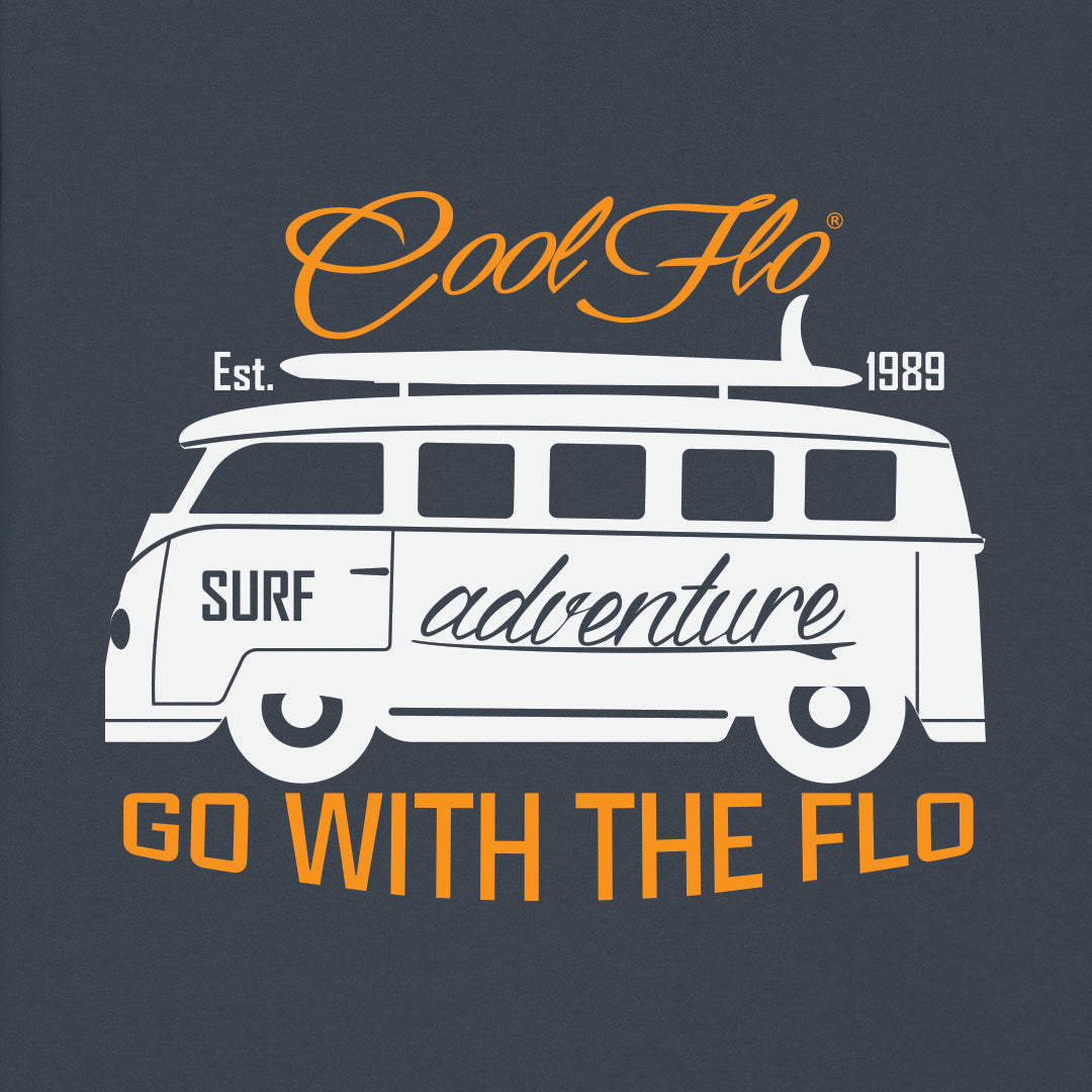 Close-up of Cool Flo dark grey hoody with a VW campervan and surfboard design. Go with the flo...