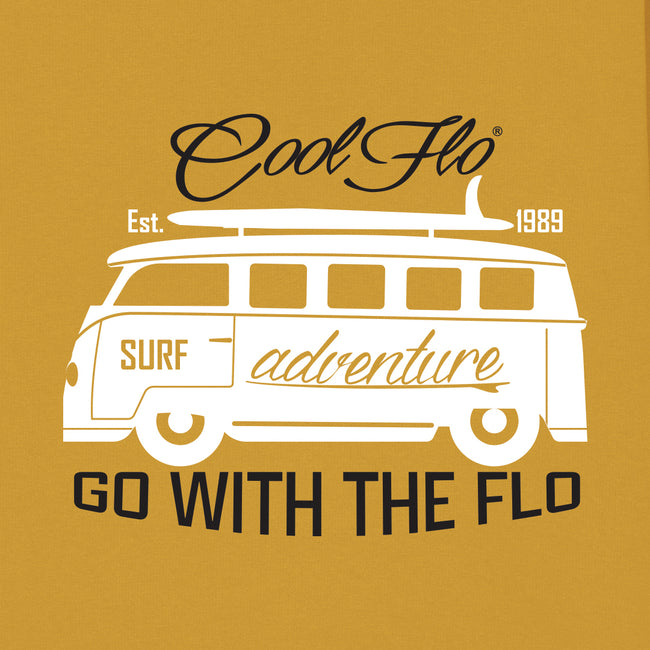 Close-up of Ochre yellow Cool Flo hoody with a VW campervan and surfboard design. Go with the flo...