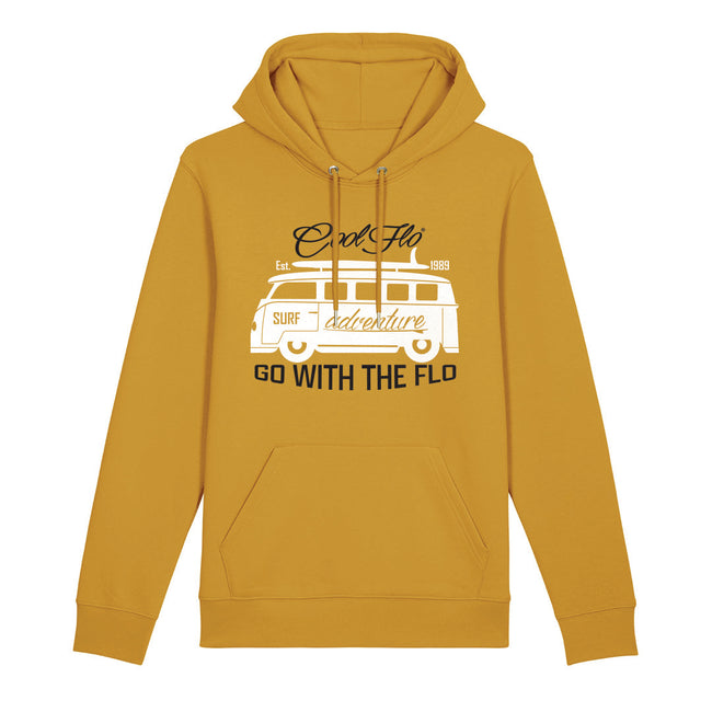 Ochre yellow Cool Flo hoody with a VW campervan and surfboard design. Go with the flo...