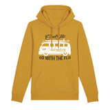 Ochre yellow Cool Flo hoody with a VW campervan and surfboard design. Go with the flo...