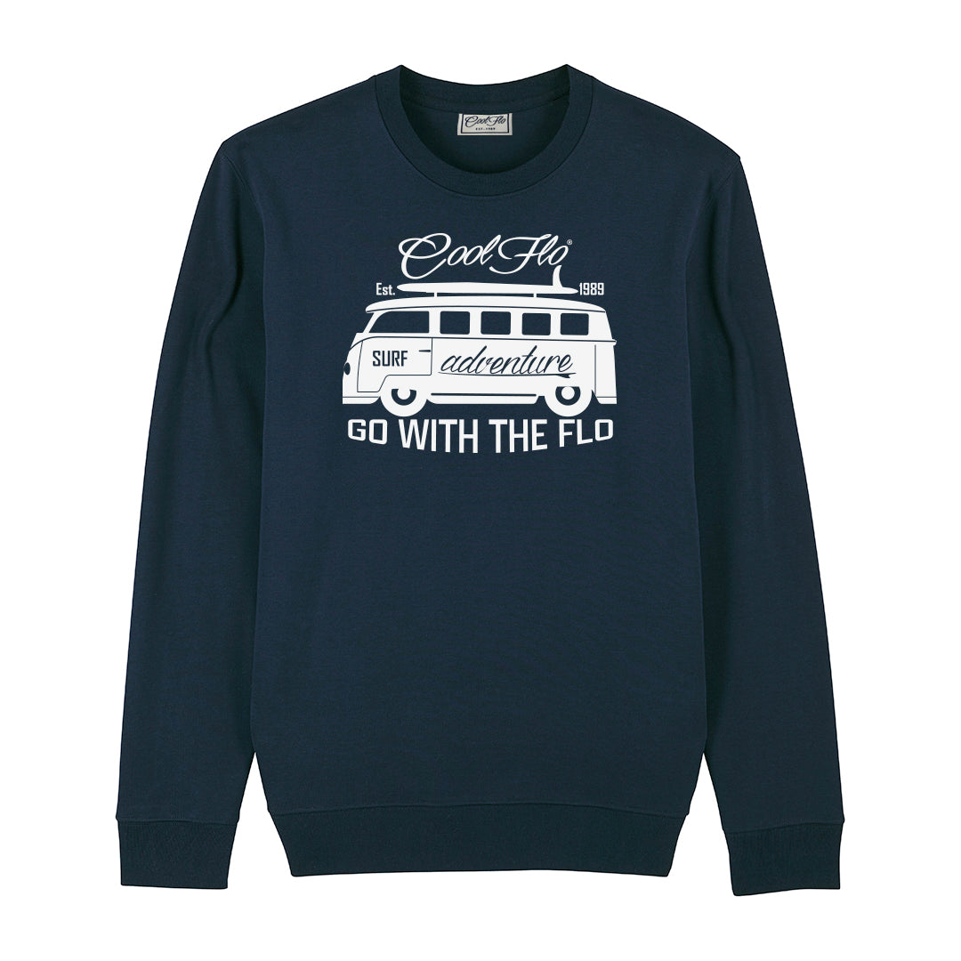 Cool Flo navy sweatshirt with a VW campervan and surfboard design. Go with the flo...