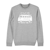 Cool Flo grey sweatshirt with a VW campervan and surfboard design. Go with the flo...