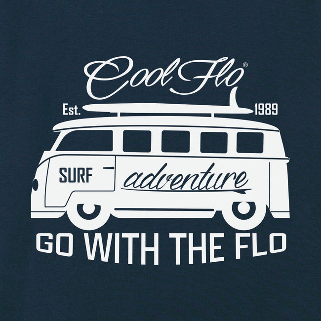 Close-up of Cool Flo navy sweatshirt with a VW campervan and surfboard design. Go with the flo...