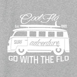 Close-up of Cool Flo grey sweatshirt with a VW campervan and surfboard design. Go with the flo...
