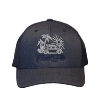 Cool Flo Surf Bug trucker cap in Heather Navy featuring embroidered Surf Bug artwork and breathable mesh back panels