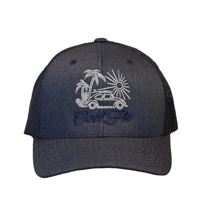 Cool Flo Surf Bug trucker cap in Heather Navy featuring embroidered Surf Bug artwork and breathable mesh back panels