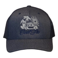 Cool Flo Surf Bug trucker cap in Heather Navy featuring embroidered Surf Bug artwork and breathable mesh back panels