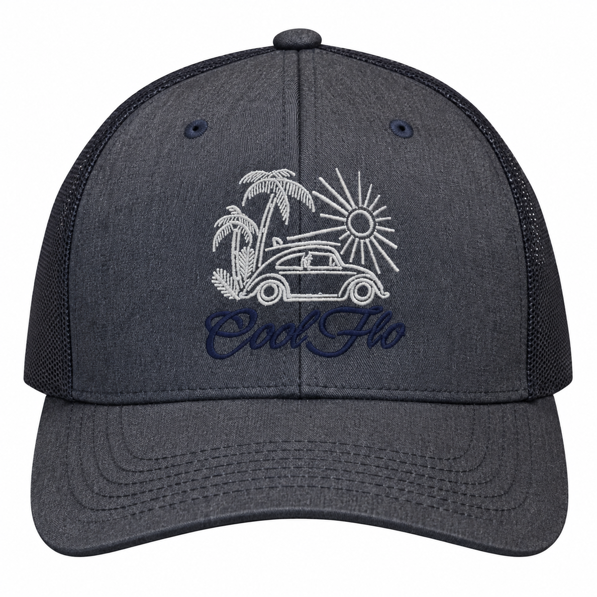 Cool Flo Surf Bug trucker cap in Heather Navy featuring embroidered Surf Bug artwork and breathable mesh back panels.