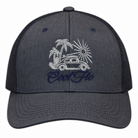 Cool Flo Surf Bug trucker cap in Heather Navy featuring embroidered Surf Bug artwork and breathable mesh back panels.