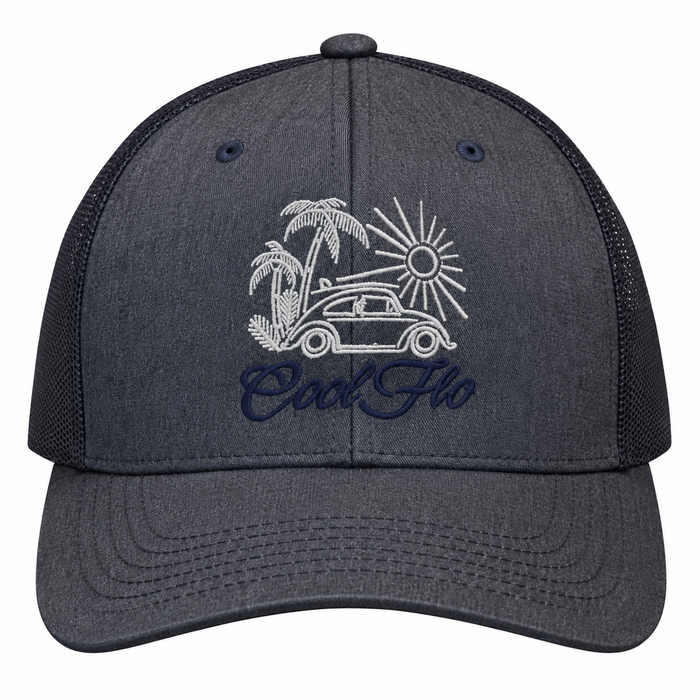 Cool Flo Surf Bug trucker cap in Heather Navy featuring embroidered Surf Bug artwork and breathable mesh back panels.