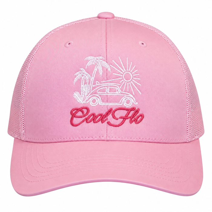 Cool Flo Surf Bug trucker cap in Pink featuring embroidered Surf Bug artwork and breathable mesh back panels.