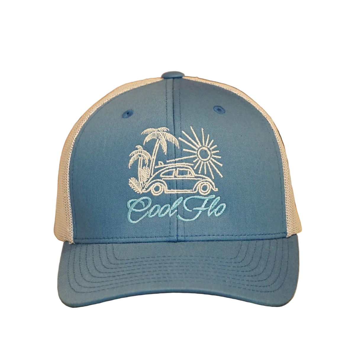 Cool Flo Surf Bug trucker cap in Blue/Silver featuring embroidered Surf Bug artwork and breathable mesh back panels