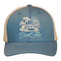 Cool Flo Surf Bug trucker cap in Blue/Silver featuring embroidered Surf Bug artwork and breathable mesh back panels