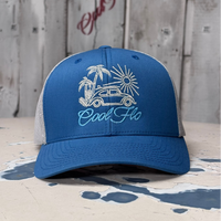 Cool Flo Surf Bug trucker cap in Blue/Silver featuring embroidered Surf Bug artwork and breathable mesh back panels.