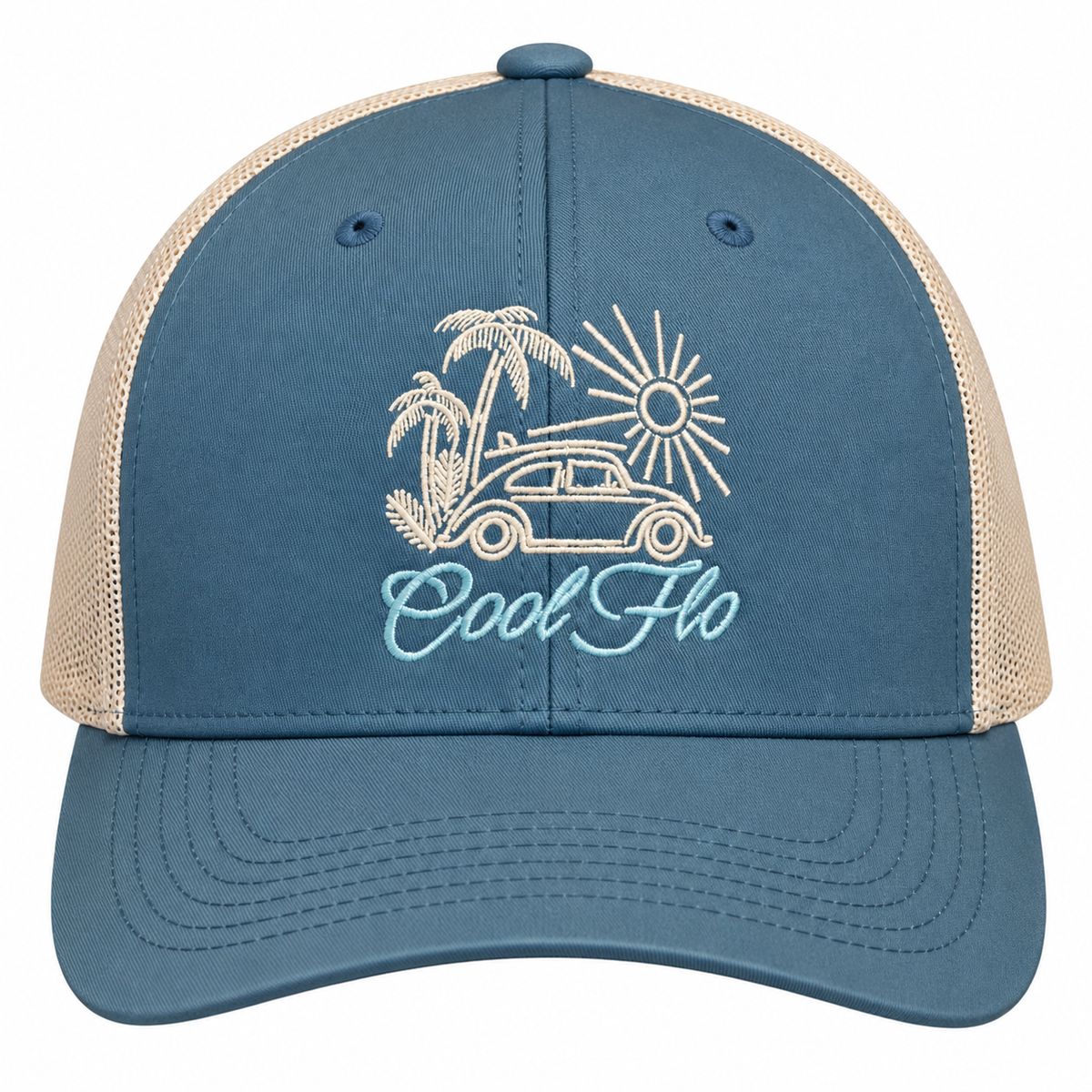 Cool Flo Surf Bug trucker cap in Blue/Silver featuring embroidered Surf Bug artwork and breathable mesh back panels.