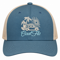 Cool Flo Surf Bug trucker cap in Blue/Silver featuring embroidered Surf Bug artwork and breathable mesh back panels.