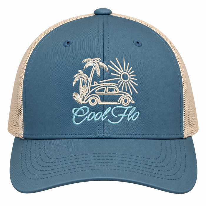 Cool Flo Surf Bug trucker cap in Blue/Silver featuring embroidered Surf Bug artwork and breathable mesh back panels.