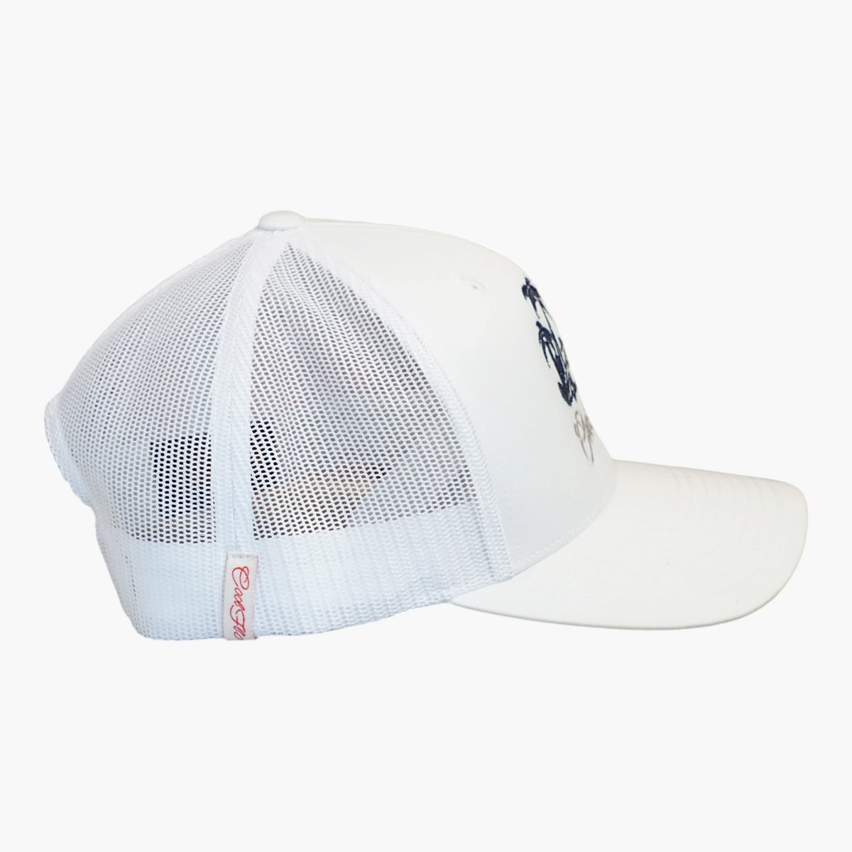 Side view of a Cool Flo White Surf Bug trucker cap featuring breathable mesh back panels, a Cool Flo loop tag and adjustable snapback fastening.