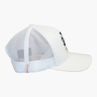 Side view of a Cool Flo White Surf Bug trucker cap featuring breathable mesh back panels, a Cool Flo loop tag and adjustable snapback fastening.