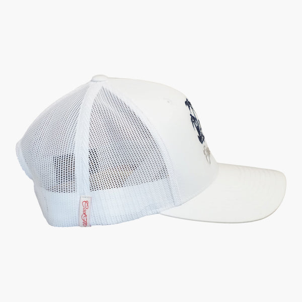 Side view of a Cool Flo White Surf Bug trucker cap featuring breathable mesh back panels, a Cool Flo loop tag and adjustable snapback fastening.