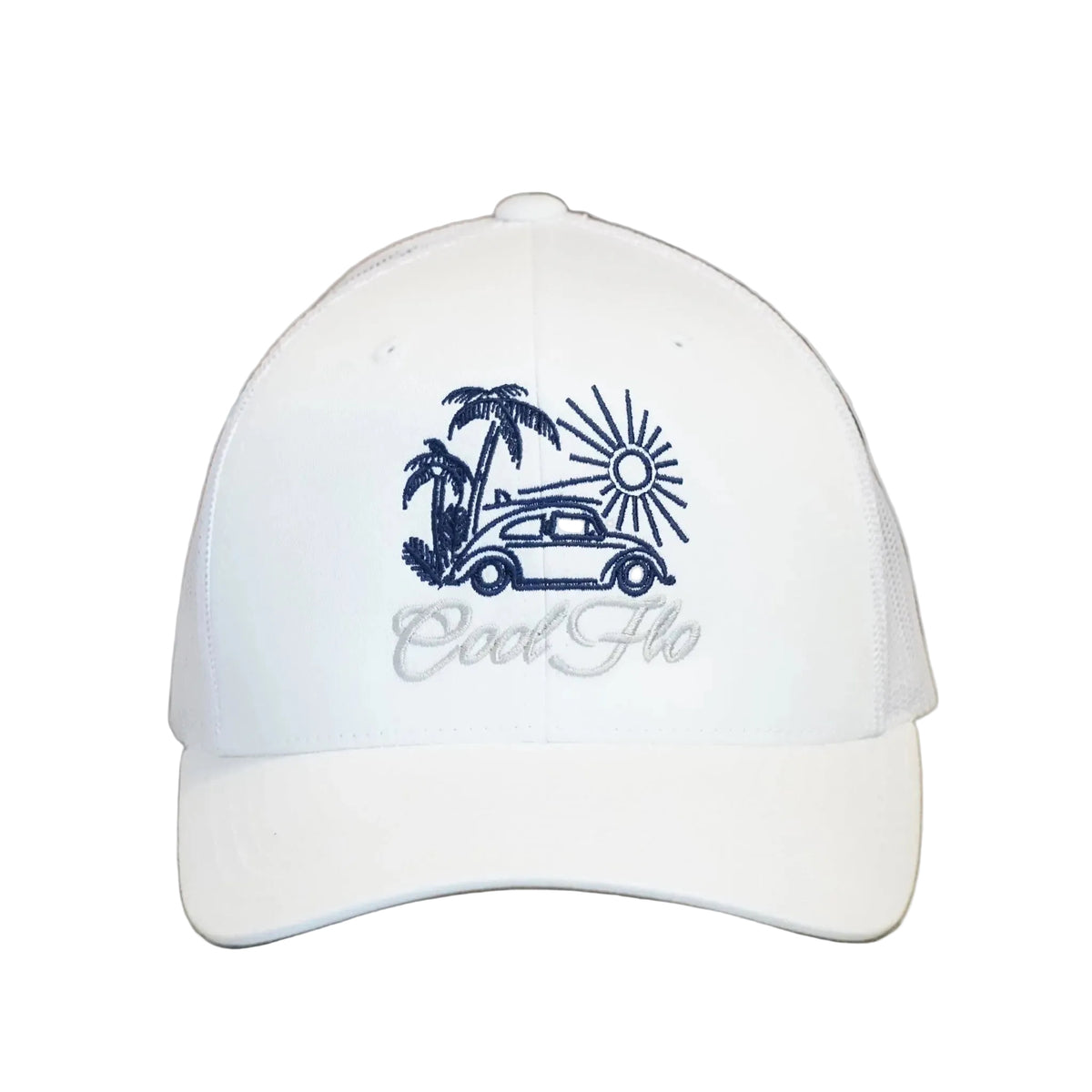 Cool Flo Surf Bug trucker cap in White featuring embroidered Surf Bug artwork and breathable mesh back panels