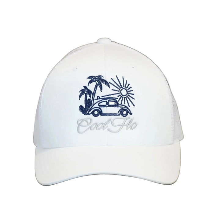 Cool Flo Surf Bug trucker cap in White featuring embroidered Surf Bug artwork and breathable mesh back panels
