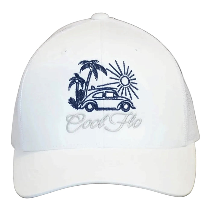 Cool Flo Surf Bug trucker cap in White featuring embroidered Surf Bug artwork and breathable mesh back panels.