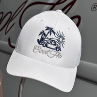 Cool Flo Surf Bug trucker cap in White featuring embroidered Surf Bug artwork and breathable mesh back panels.