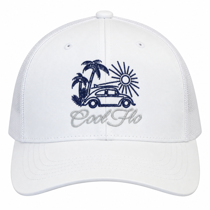 Cool Flo Surf Bug trucker cap in White featuring embroidered Surf Bug artwork and breathable mesh back panels.