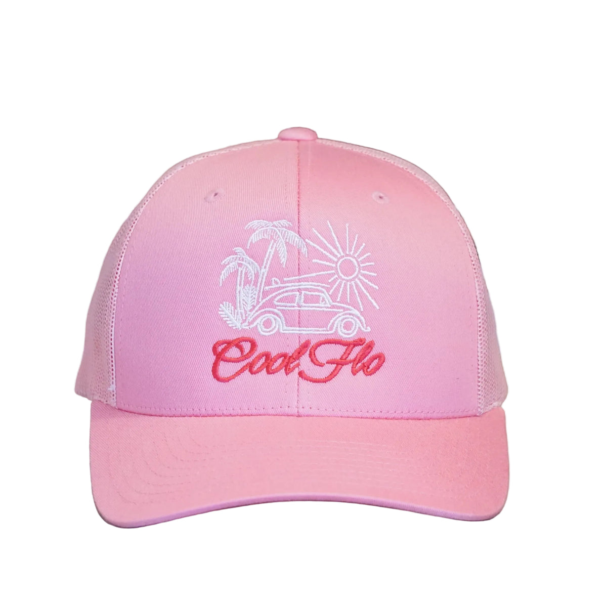 Cool Flo Surf Bug trucker cap in Pink featuring embroidered Surf Bug artwork and breathable mesh back panels