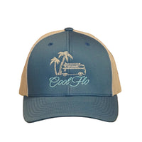 Cool Flo Surf Bus trucker cap in Blue/silver featuring embroidered Surf Bus artwork and breathable mesh back panels