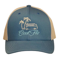 Cool Flo Surf Bus trucker cap in Blue/silver featuring embroidered Surf Bus artwork and breathable mesh back panels