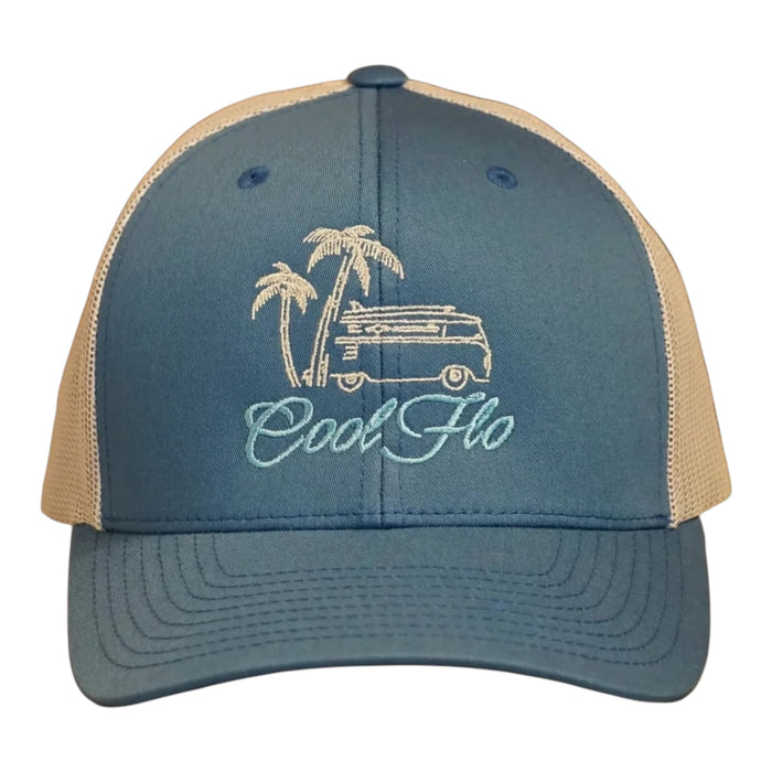 Cool Flo Surf Bus trucker cap in Blue/silver featuring embroidered Surf Bus artwork and breathable mesh back panels