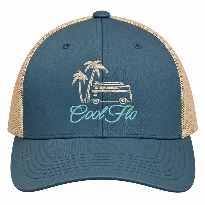 Cool Flo Surf Bus trucker cap in Blue/silver featuring embroidered Surf Bus artwork and breathable mesh back panels.
