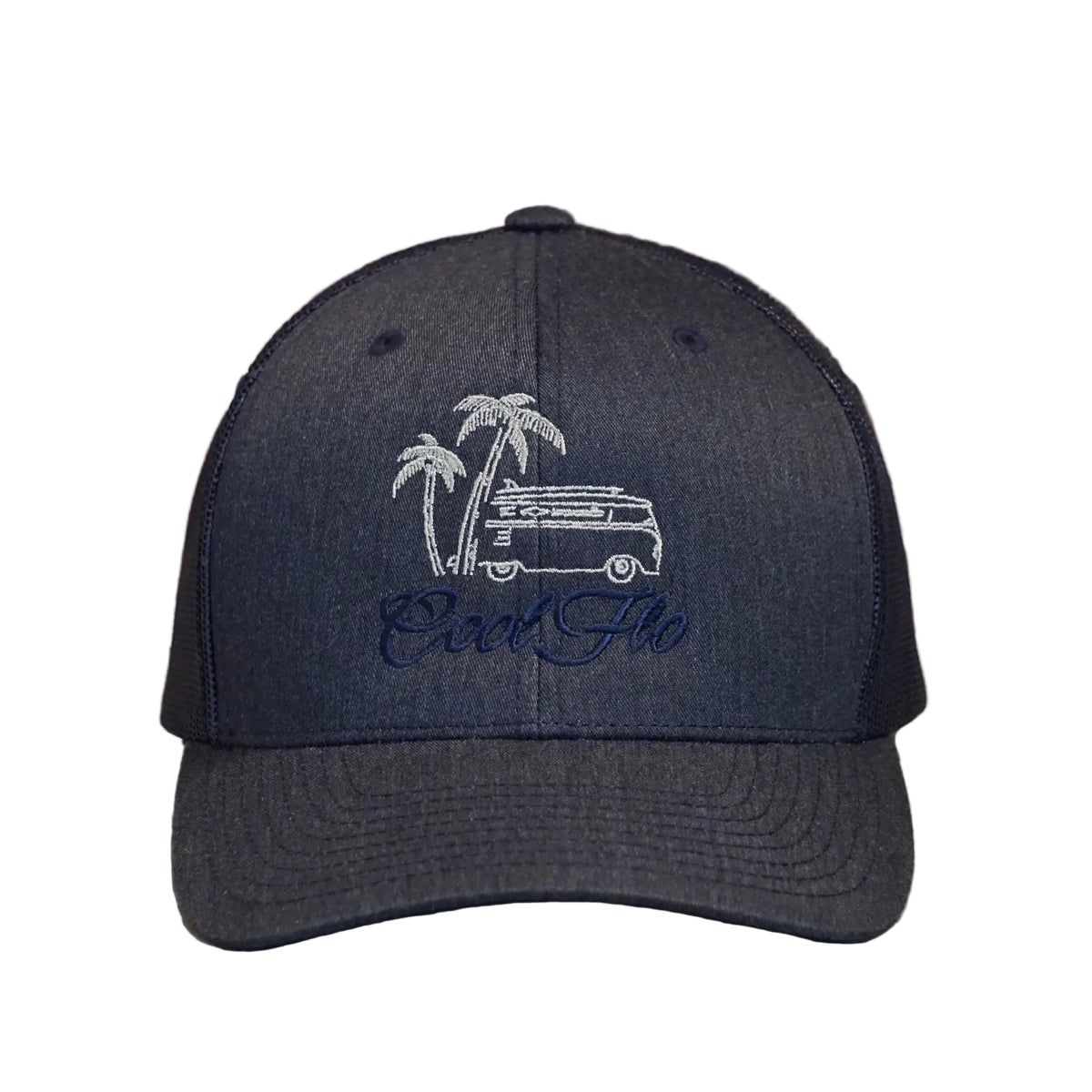 Cool Flo Surf Bus trucker cap in Heather Navy featuring embroidered surf bus, palm tree and sun artwork with breathable mesh back panels _front