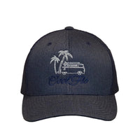 Cool Flo Surf Bus trucker cap in Heather Navy featuring embroidered surf bus, palm tree and sun artwork with breathable mesh back panels _front