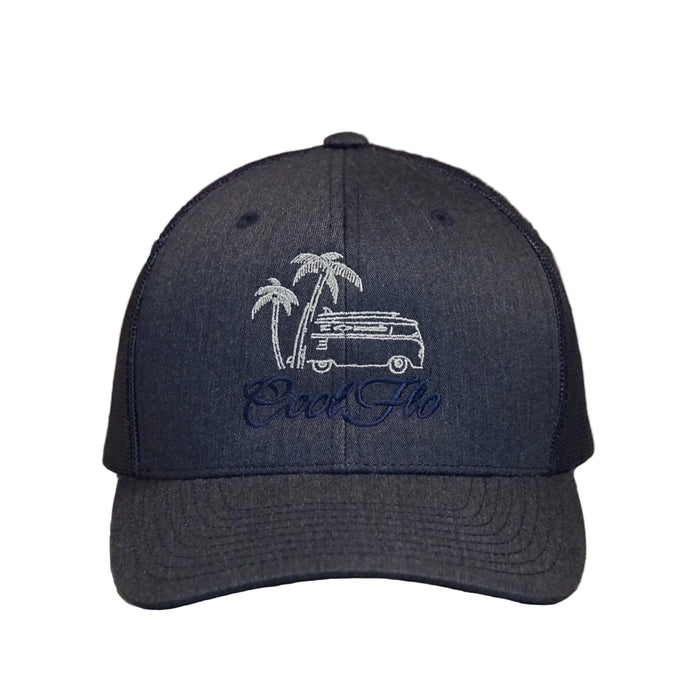 Cool Flo Surf Bus trucker cap in Heather Navy featuring embroidered surf bus, palm tree and sun artwork with breathable mesh back panels _front