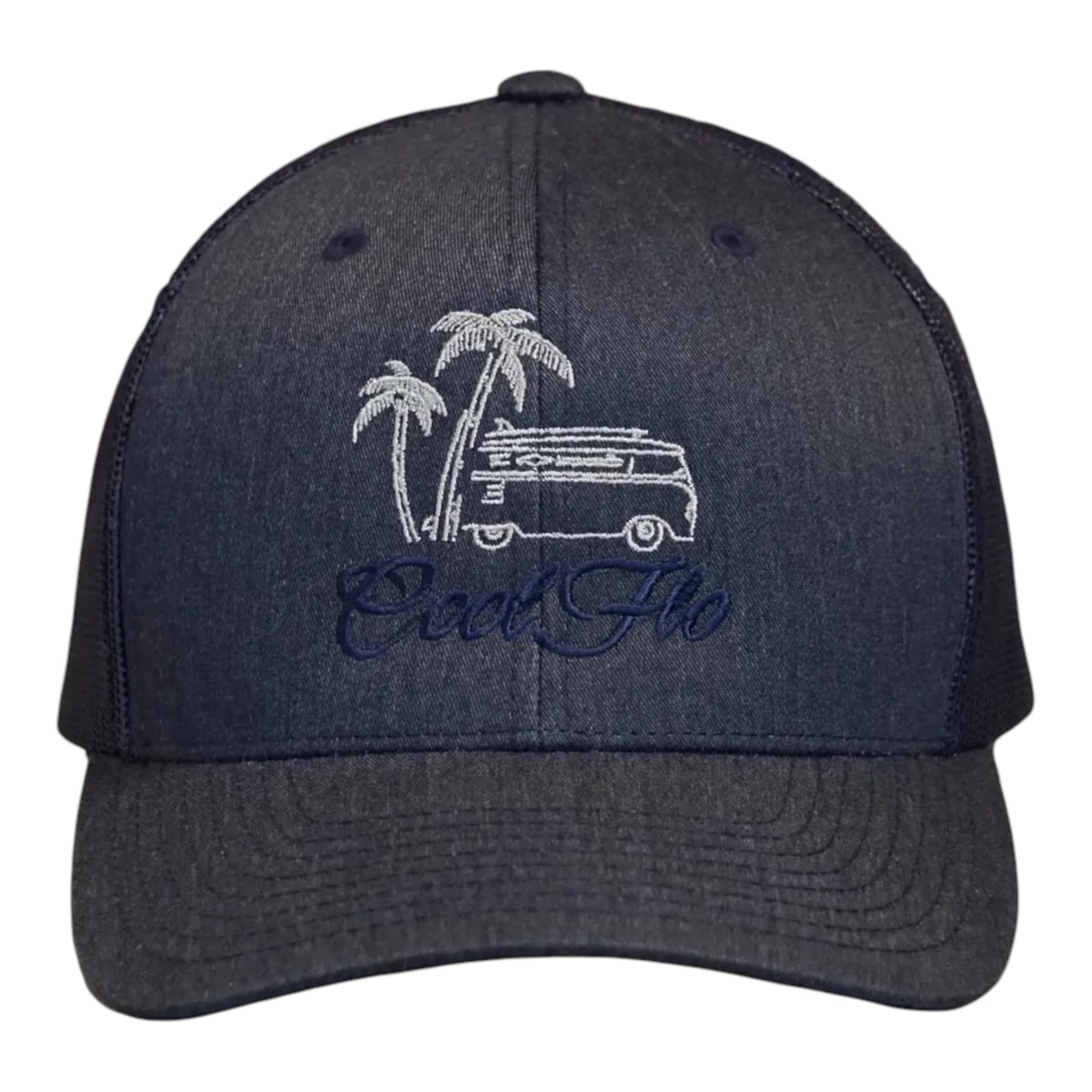 Cool Flo Surf Bus trucker cap in Heather Navy featuring embroidered surf bus, palm tree and sun artwork with breathable mesh back panels _front