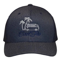 Cool Flo Surf Bus trucker cap in Heather Navy featuring embroidered surf bus, palm tree and sun artwork with breathable mesh back panels _front