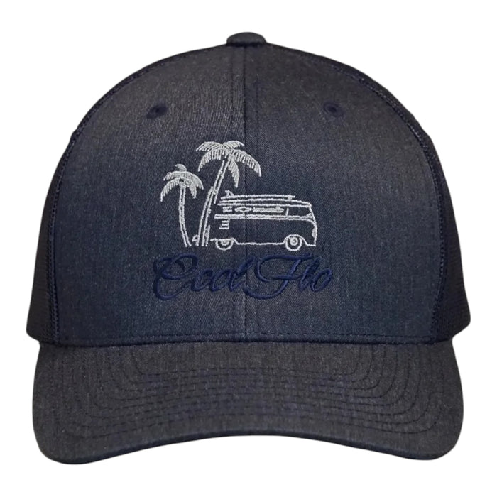 Cool Flo Surf Bus trucker cap in Heather Navy featuring embroidered surf bus, palm tree and sun artwork with breathable mesh back panels _front