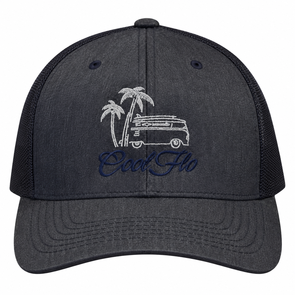 Cool Flo Surf Bus trucker cap in Heather Navy featuring embroidered surf bus, palm tree and sun artwork with breathable mesh back panels_front.