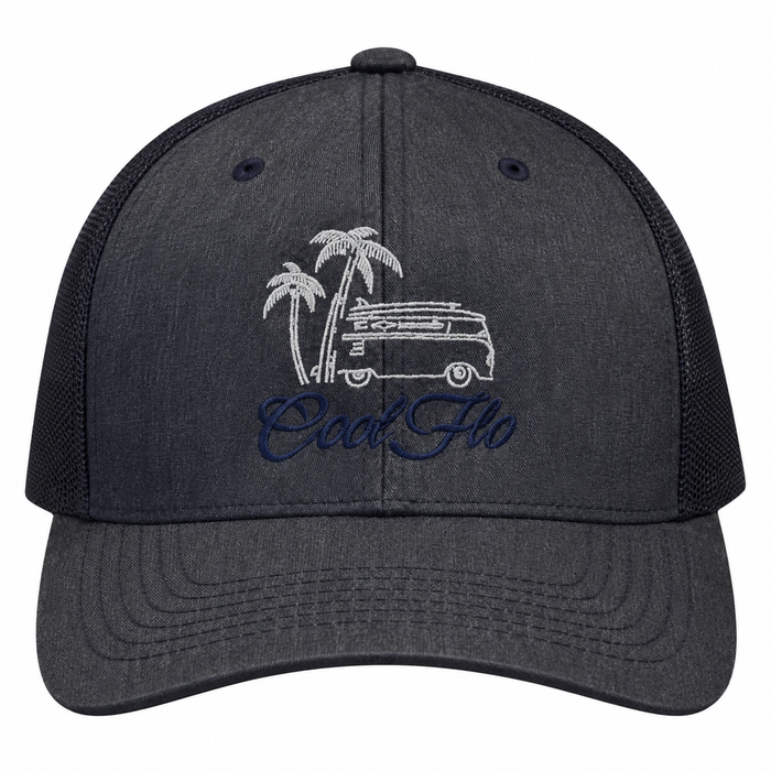 Cool Flo Surf Bus trucker cap in Heather Navy featuring embroidered surf bus, palm tree and sun artwork with breathable mesh back panels_front.
