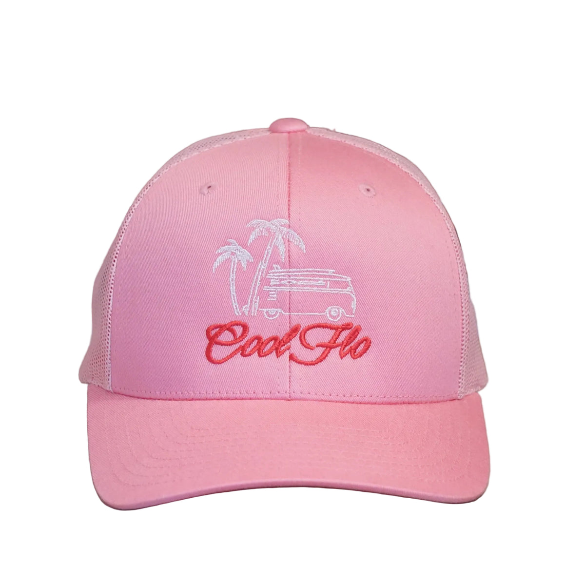 Cool Flo Surf Bus trucker cap in Pink featuring embroidered Surf Bus artwork and breathable mesh back panels