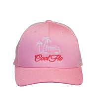Cool Flo Surf Bus trucker cap in Pink featuring embroidered Surf Bus artwork and breathable mesh back panels