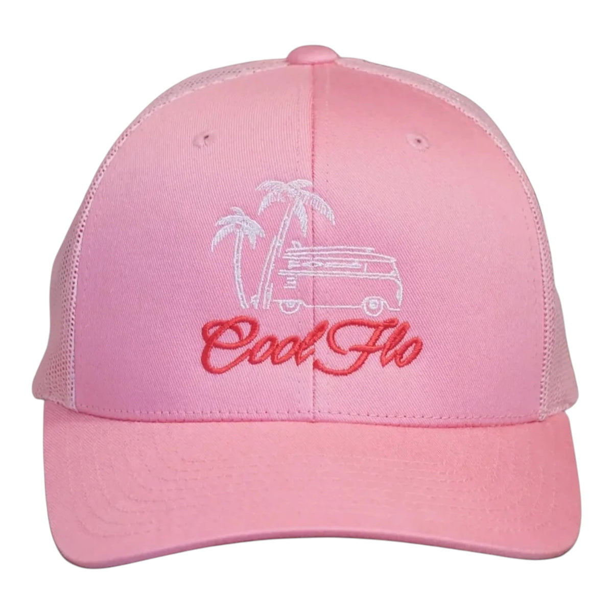 Cool Flo Surf Bus trucker cap in Pink featuring embroidered Surf Bus artwork and breathable mesh back panels