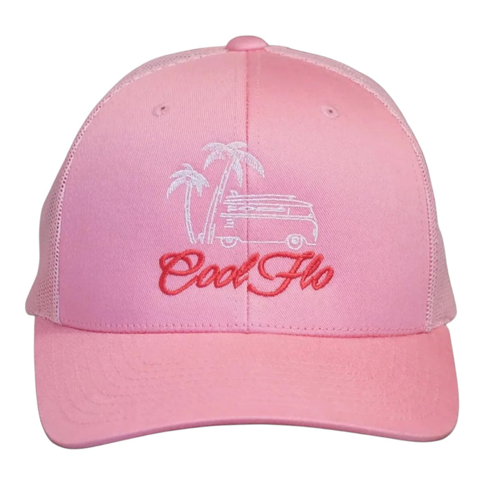 Cool Flo Surf Bus trucker cap in Pink featuring embroidered Surf Bus artwork and breathable mesh back panels.